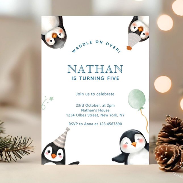 Modern minimalist pingvin vinter födelsedagsfest inbjudningar (winter wonderland birthday, penguin birthday invitation, winter forest mountain, winter birthday, ru)