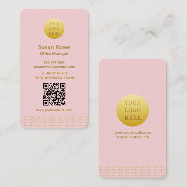 Modern Minimalist Pink and Gold Dots QR Code Visitkort (Fram/baksida)