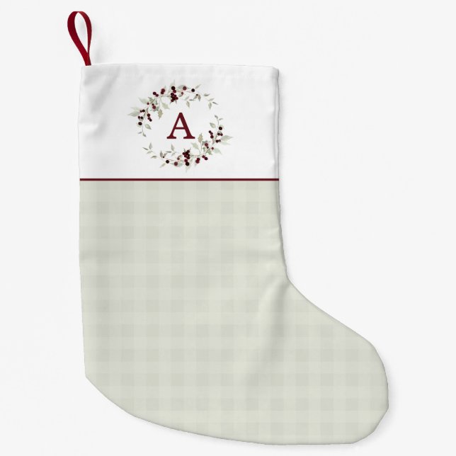 Modern Minimalist Plaid Holly Wreath Monogram Liten Julstrumpa (Framsidan)