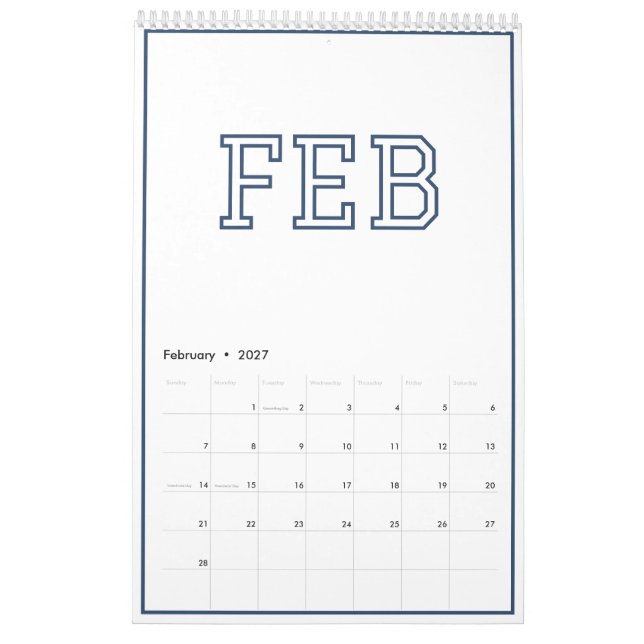 Modern minimalist preppy marinblå kalender (Feb 2027)