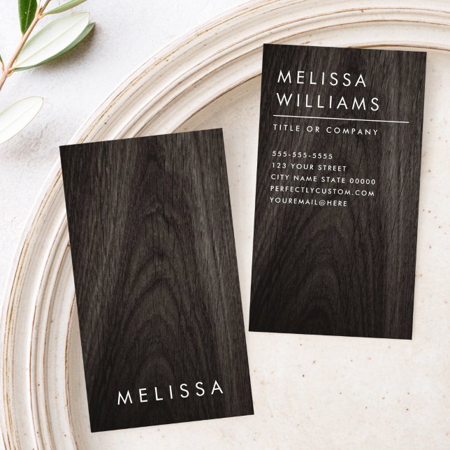 Modern minimalist professionell vertikal med mörkt visitkort (Modern dark wood minimalist professional vertical business card)