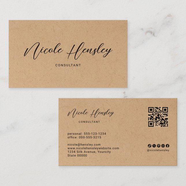 Modern Minimalist QR Code Rustic Kraft Paper Print Visitkort (Fram/baksida)