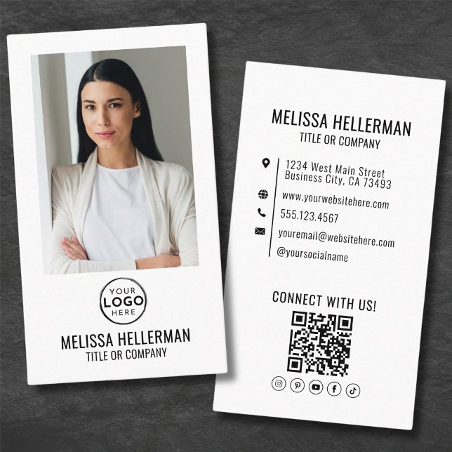 Modern minimalist QR-kod logotyp vertikal Visitkort (Modern Minimalist Photo QR Code Logo Business Card)