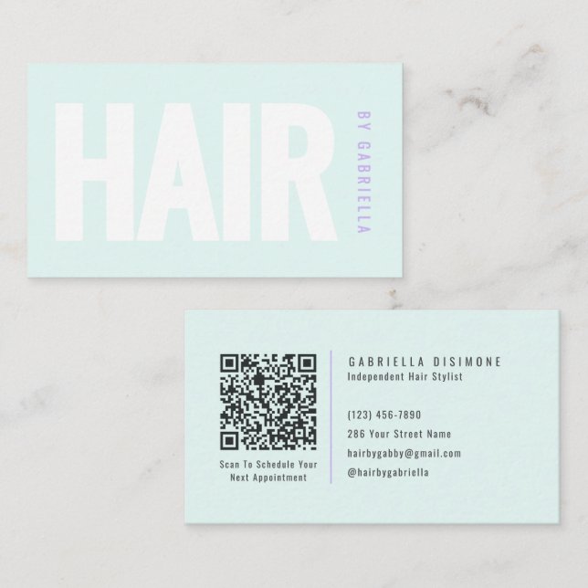 Modern minimalist QR-kod Mintgrön frisörsalong Visitkort (Fram/baksida)
