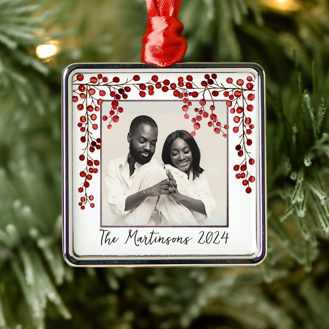 Modern Minimalist Red Berries julfoto Julgransprydnad Metall (Skapare uppladdad)