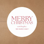 Modern Minimalist Red God jul Runt Klistermärke<br><div class="desc">Skapa dina egna personlig julklistermärken med minimalistisk utformning och modern typografi i rött och vitt färg.</div>