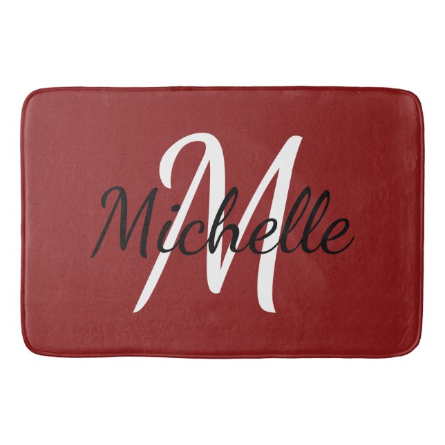 Modern Minimalist Red Monogram Namn + Initial Badrumsmatta (Framsidan)