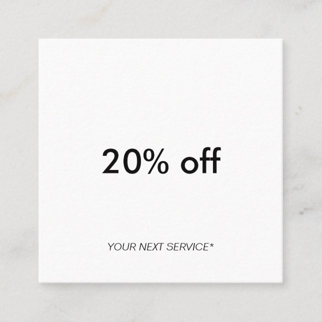 Modern Minimalist ren typografiorienteringsrabatt Fyrkantigt Visitkort (Framsida)