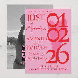 Modern minimalist röd rosa hjärta foto bröllop inbjudningar