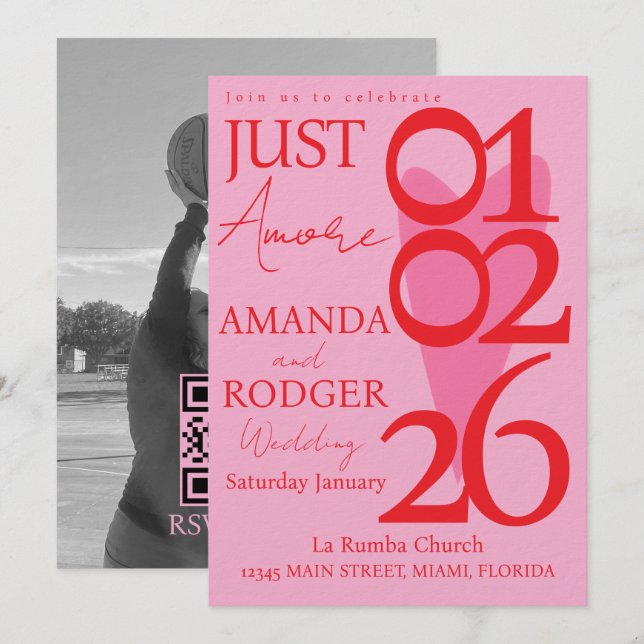 Modern minimalist röd rosa hjärta foto bröllop inbjudningar (Fram/baksida)