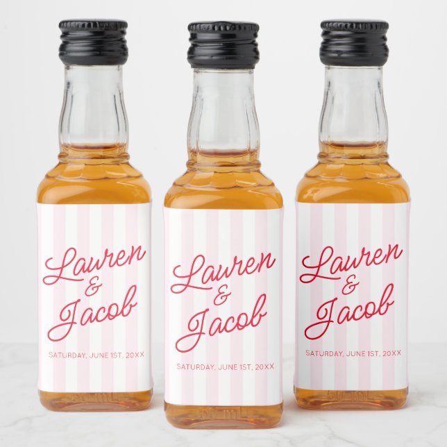 Modern minimalist röd rosa randiga vigsel Mini Spritflaskor Etikett (Flaskor)