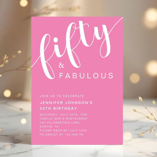 Modern minimalist rosa 50-årsdag inbjudningar (Modern Minimalist Pink 50th Birthday Invitation)