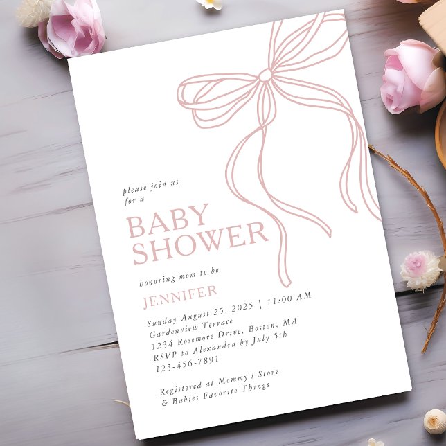 Modern minimalist rosa baby shower med rosett inbjudningar (Skapare uppladdad)