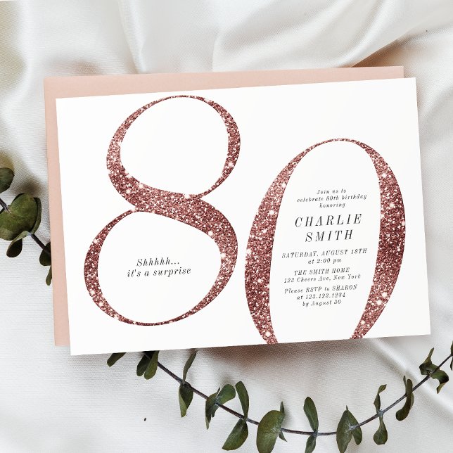 Modern minimalist rosa guld glitter 80-årsdag inbjudningar (Modern minimalist rose gold glitter 80th birthday invitation)