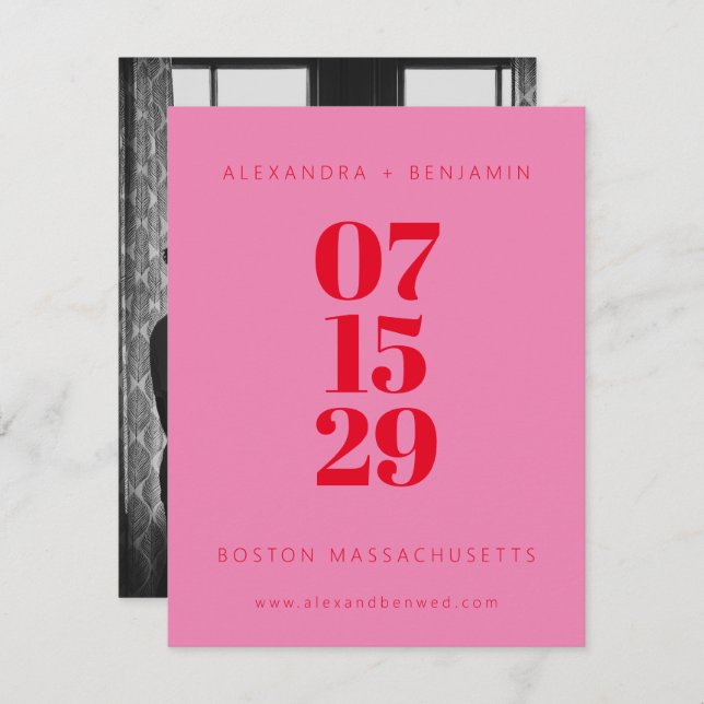 Modern minimalist rosa och röd helbildsfoto spara datumet (Fram/baksida)