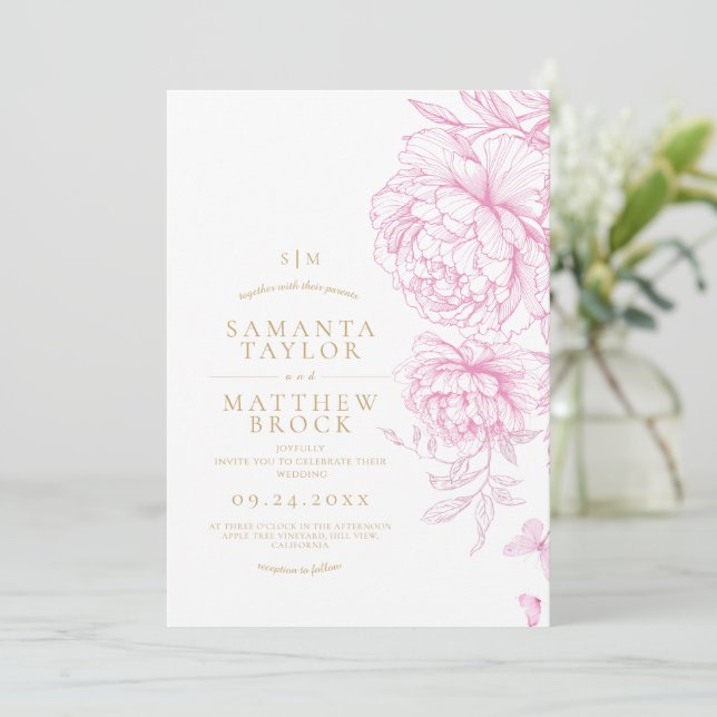 Modern minimalist rosa peonior bröllop inbjudningar (Stående Fram)