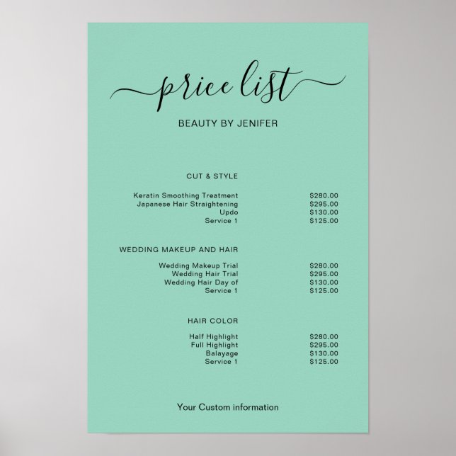 Modern Minimalist Salon Price List Sign for Beauty Poster (Framsidan)
