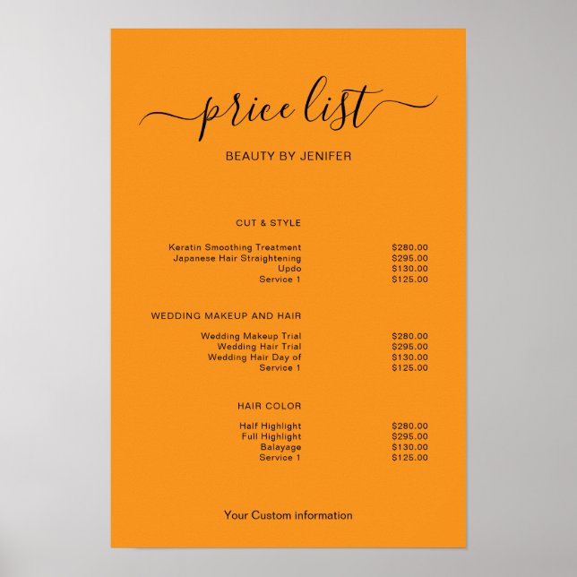 Modern Minimalist Salon Price List Sign for Beauty Poster (Framsidan)
