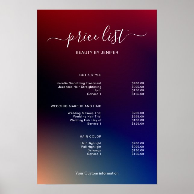 Modern Minimalist Salon Price List Sign for Beauty Poster (Framsidan)