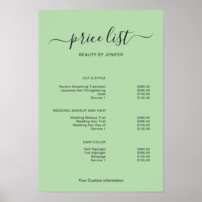 Modern Minimalist Salon Price List Sign for Beauty Poster (Framsidan)