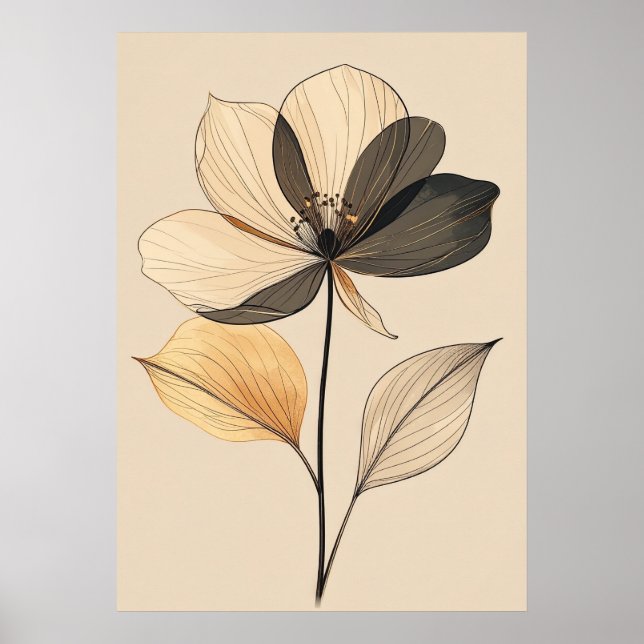 Modern Minimalist Sheer Beige & Gold Floral Botani Poster (Framsidan)