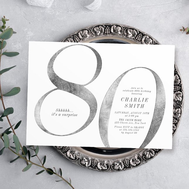 Modern minimalist silver glitter 80-årsfirande inbjudningar (Modern minimalist silver glitter 80th birthday invitation)