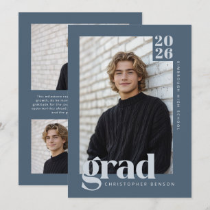 Modern minimalist skifferblå grå fotoexamen inbjudningar