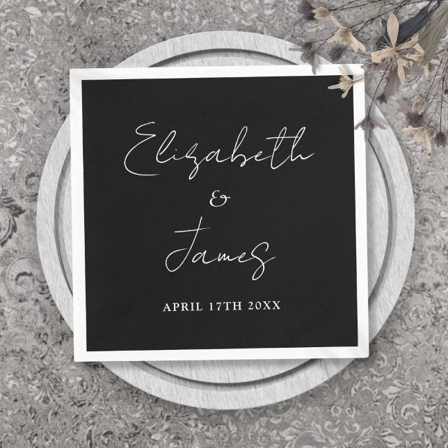 Modern minimalist skrift svart och vit bröllop pappersservett (Modern Minimalist Script Black And White Wedding Napkins)