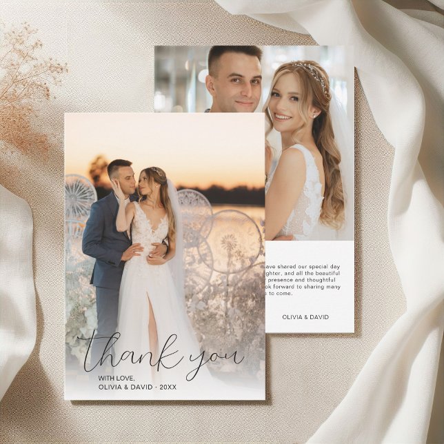 Modern minimalist skript bröllop 2 bilder tack kort (Modern Minimalist Script Wedding 2 Photos Thank You Card)