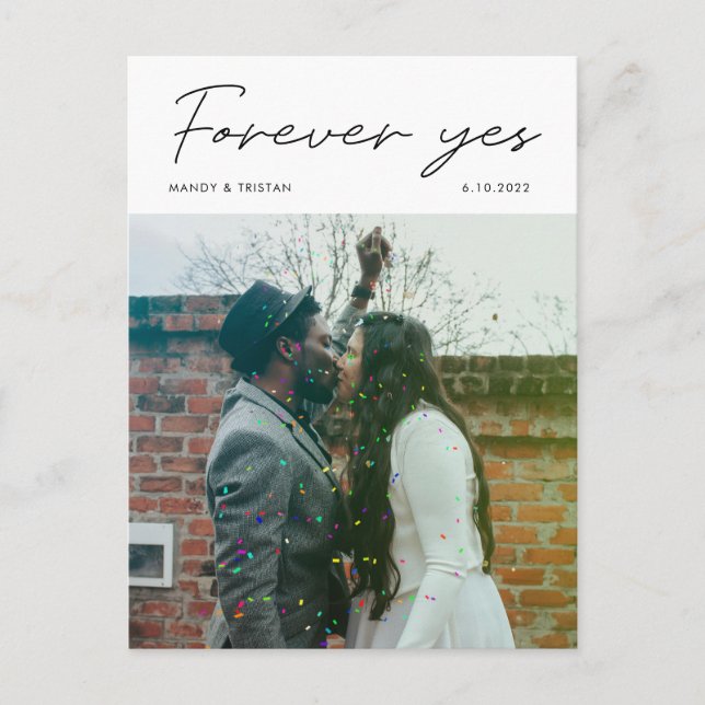 Modern minimalist skriptfoto bröllopsflykt meddelande vykort (Framsida)