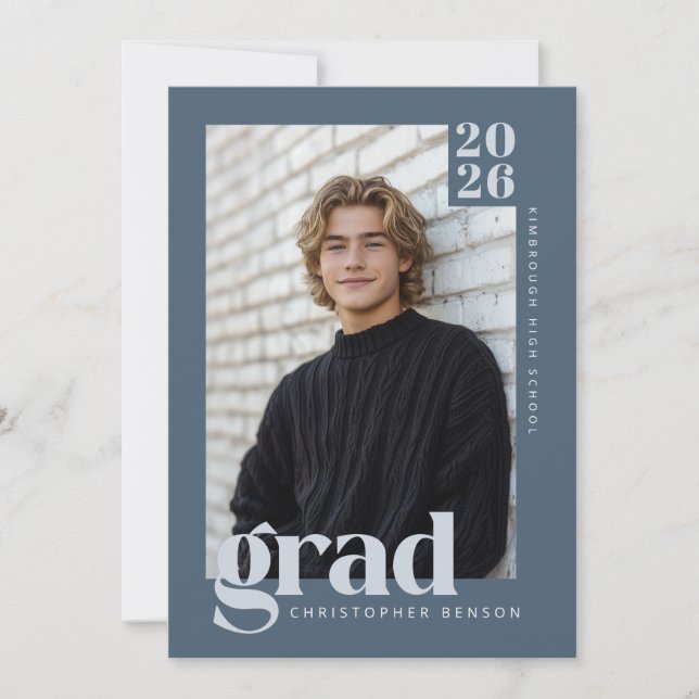 Modern Minimalist Slate Blue Grey Photo Graduation Inbjudningar (Framsida)