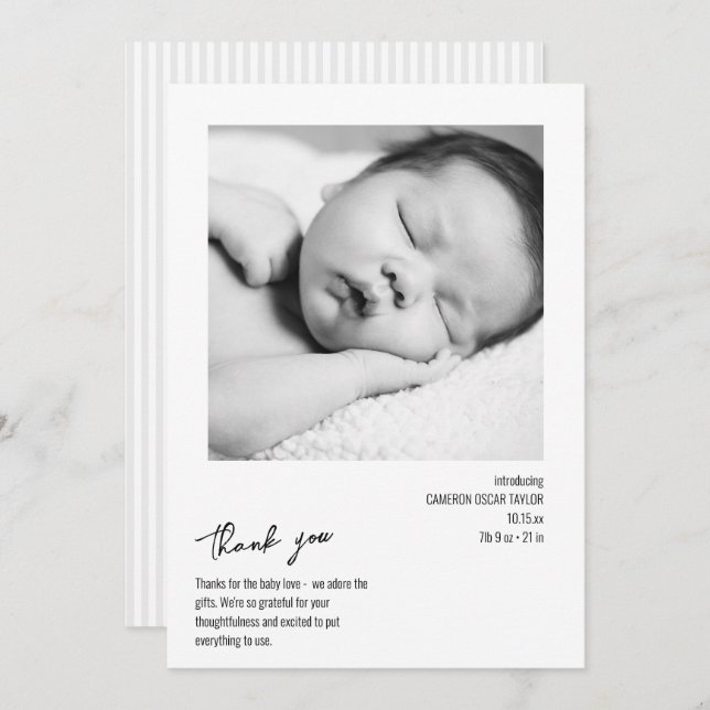 Modern Minimalist Stripe Baby Photo Birth Arrival Tack Kort (Fram/baksida)