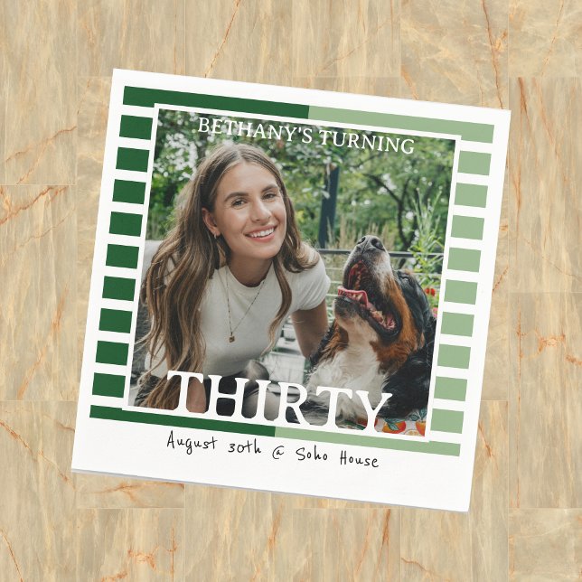 Modern Minimalist Striped 30th Birthday Photo Pappersservett (Celebrate the beginning of a new decade with this Modern Minimalist Striped 30th Birthday Napkin!)