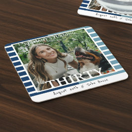 Modern Minimalist Striped 30th Birthday Photo Underlägg Papper Kvadrat