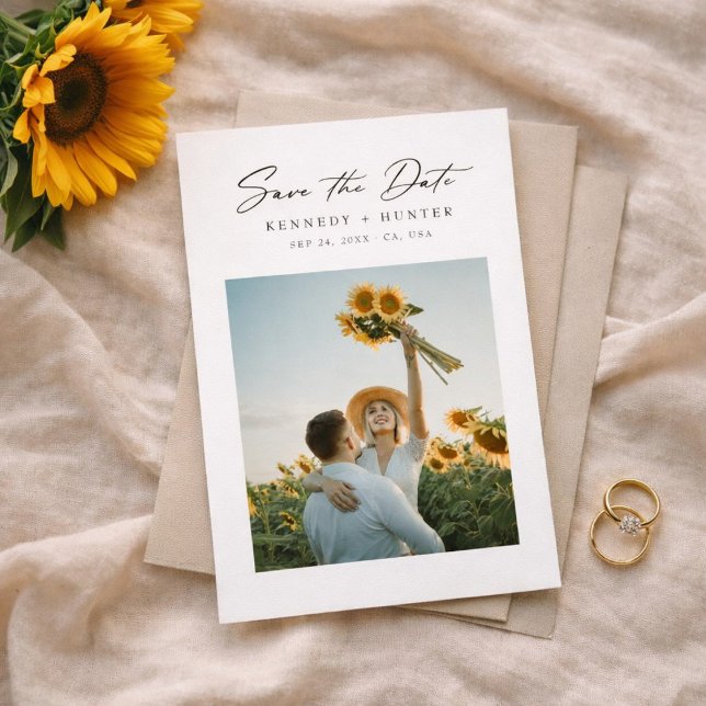 Modern Minimalist Sunflower Photo Wedding Spara Datumet (Skapare uppladdad)