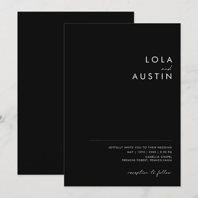 Modern minimalist | Svart Avslappnad Bröllop Inbjudningar (Fram/baksida)