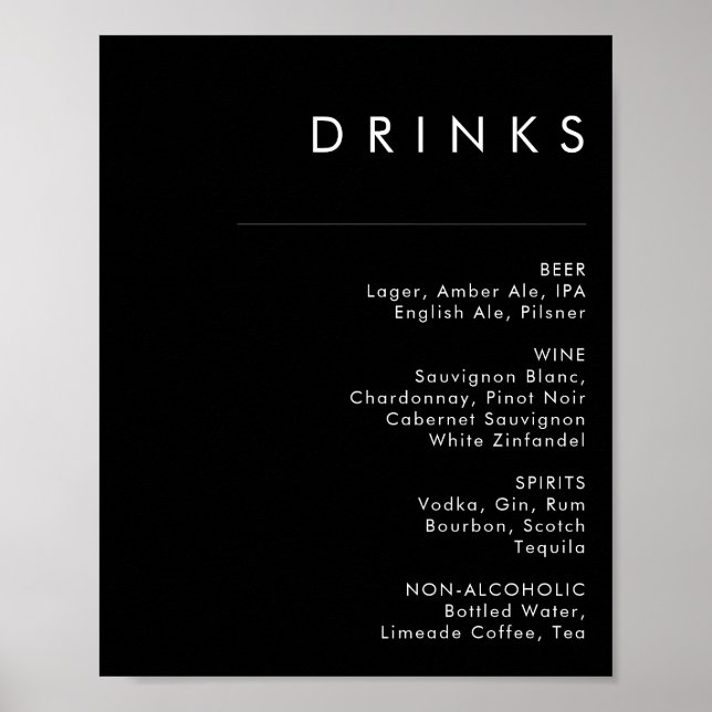 Modern Minimalist | Svart dryckesmeny för bröllop Poster (Framsidan)