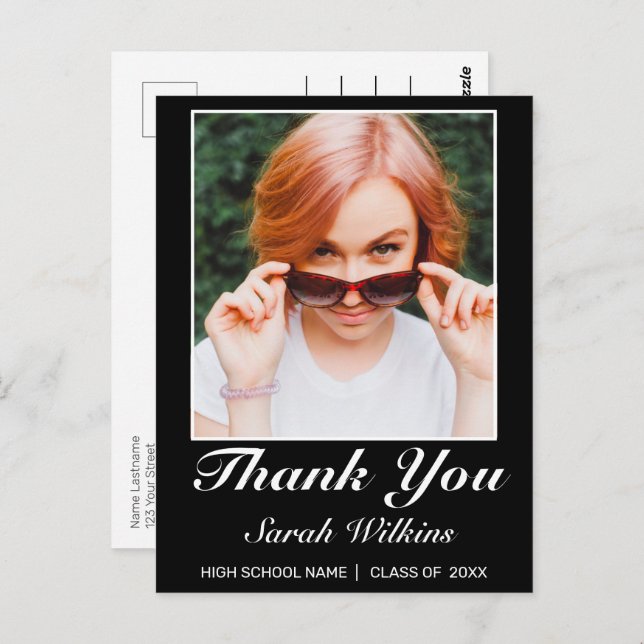 Modern minimalist svart examensfoto tack vykort (Fram/baksida)