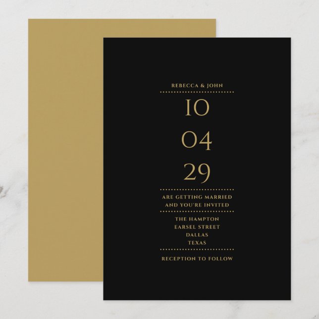 Modern minimalist svart och guld bröllopsdatum inbjudningar (Fram/baksida)