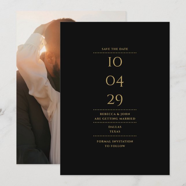 Modern minimalist svart och guld bröllopsfoto spara datumet (Fram/baksida)