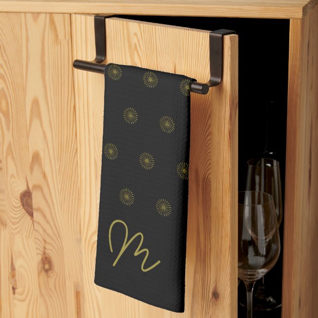 Modern minimalist svart och guld monogram kökshandduk (Thirds Fold)