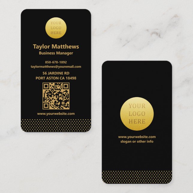 Modern minimalist svart och guld prickar QR-kod Visitkort (Fram/baksida)