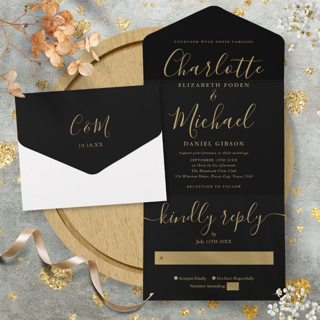 Modern minimalist svart och guld skript bröllop (Modern Minimalist Black And Gold Script Wedding All In One Invitation)
