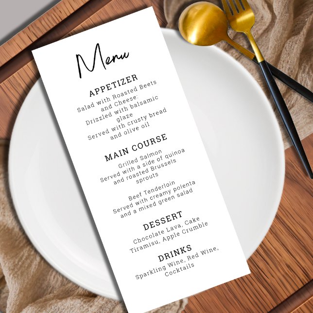Modern minimalist svart och vit bröllopsfest meny (Modern Minimalist Black and White Wedding Menu)