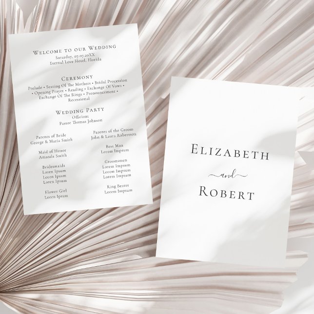 Modern minimalist svart och vit bröllopsprogram program (Modern Minimalist Black and White Wedding Program on a sunny neutral dry palm leaf.)