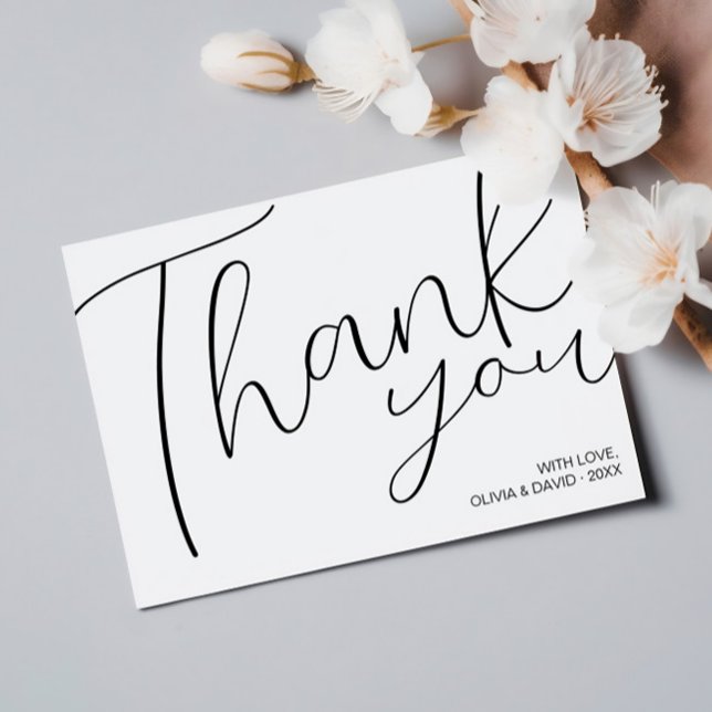 Modern minimalist svart och vit skrift tack kort (Modern Minimalist Black and White Script Thank You Card by MINTIC DESIGN STUDIO)