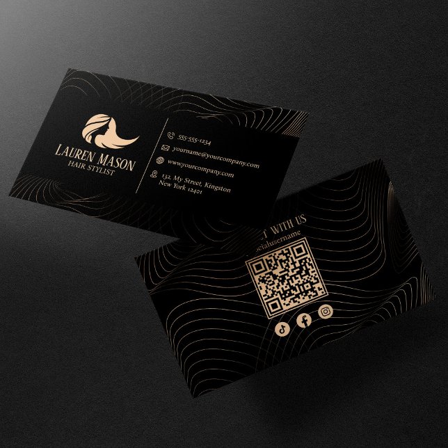 Modern minimalist svart päron frisör QR-kod Visitkort (Skapare uppladdad)