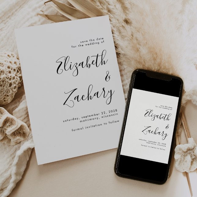 Modern minimalist svart script spara datum meddelande (Skapare uppladdad)
