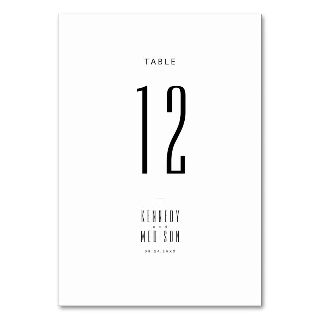 Modern minimalist svart & vit bröllopsbord bordsnummer (Framsidan)