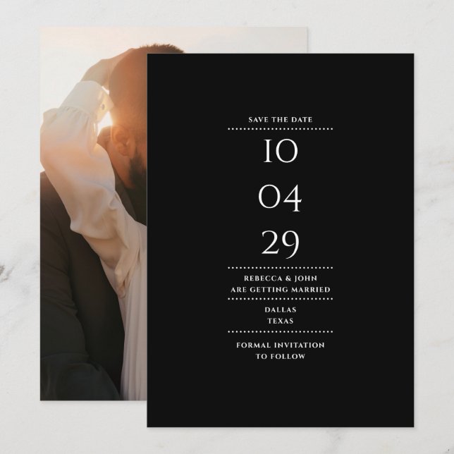 Modern minimalist svart-vit bröllopsfoto spara datumet (Fram/baksida)